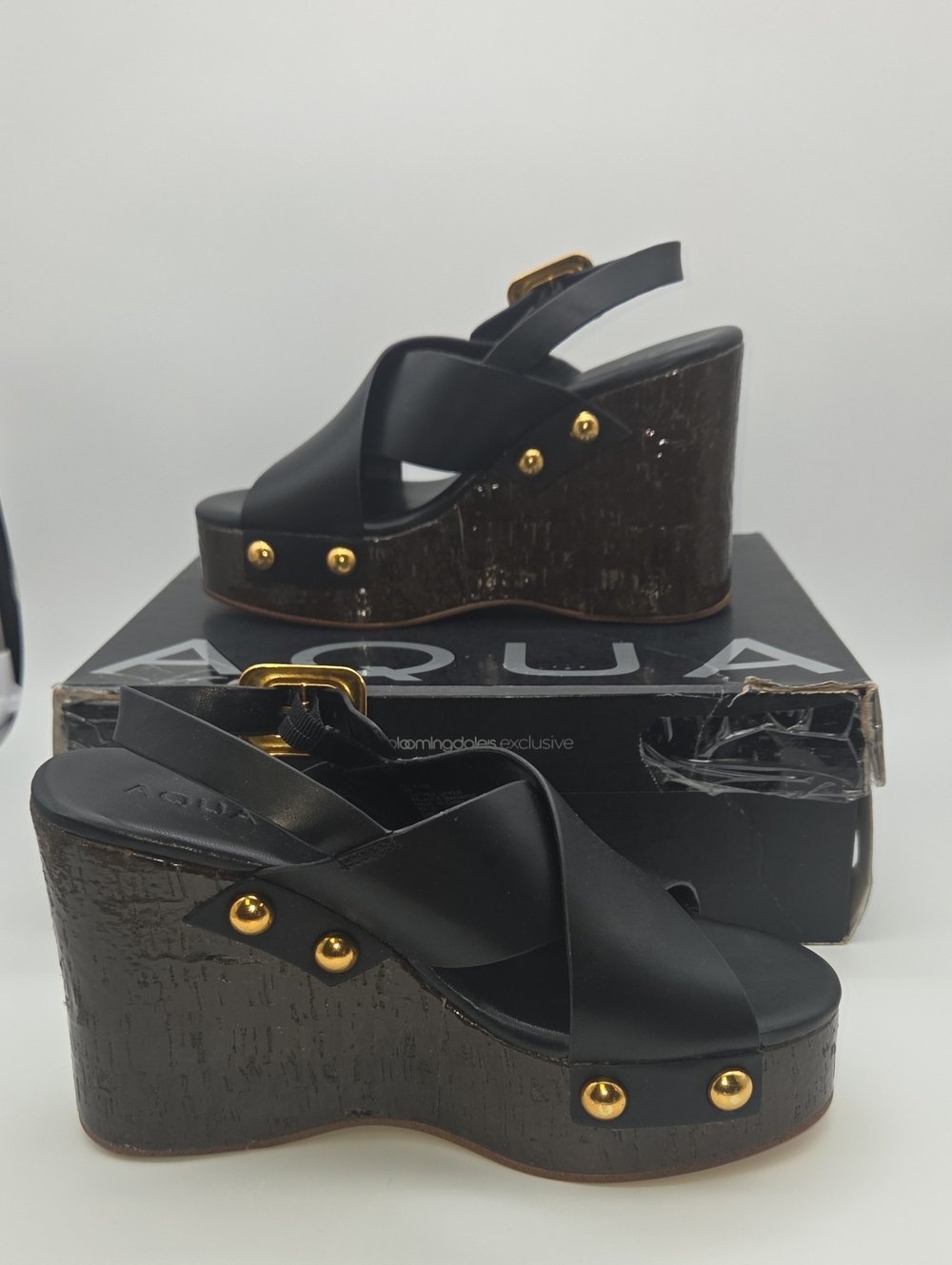 Black And Brown Platform Wedge Sandals with Gold Studs
